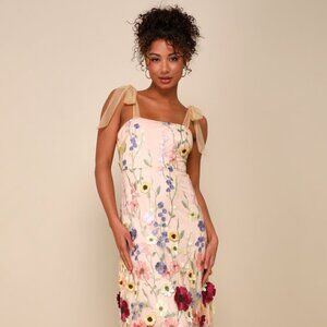 Lulus Thriving Poise Blush 3d Floral Embroidered Tie-strap Maxi Dress Pink